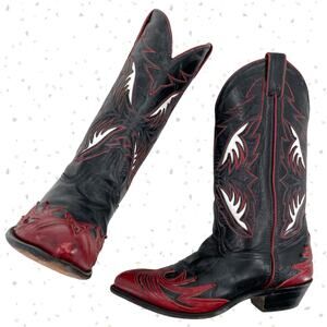 Vintage Black Red Cowboy Western Boots Leather Overlay Pointed Toe Size 7.5